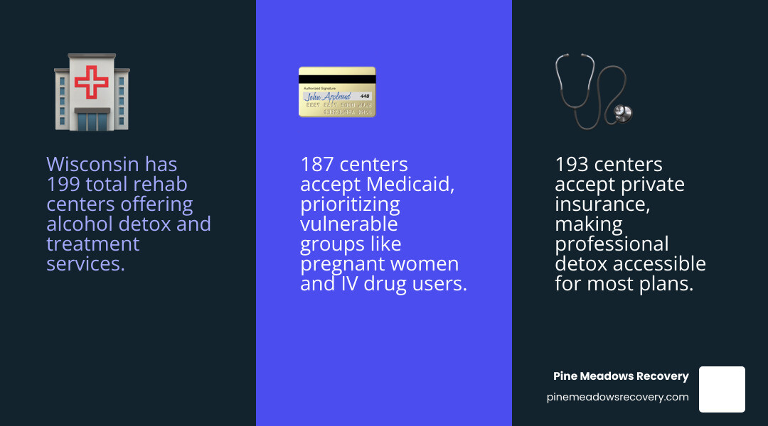Infographic showing Wisconsin rehab center stats: 199 total centers, 187 accept Medicaid, 193 accept private insurance