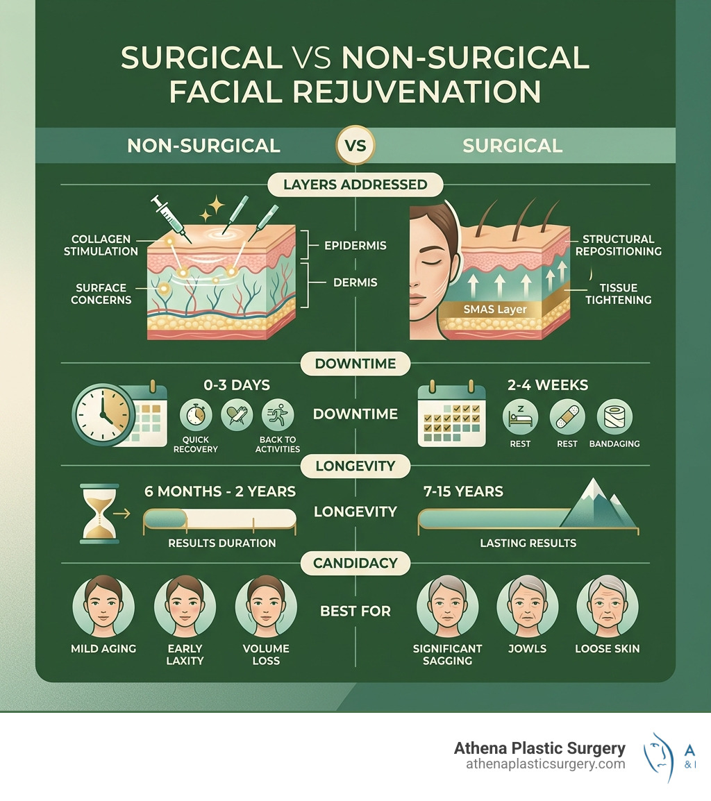 infographic comparing surgical vs non-surgical facial rejuvenation layers, downtime, longevity, and candidacy - surgical vs infographic comparing surgical vs non-surgical facial rejuvenation layers, downtime, longevity, and candidacy - surgical vs