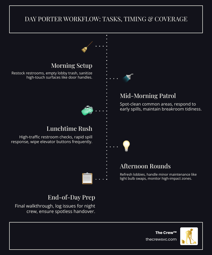 Day porter workflow infographic showing tasks, timing, and coverage areas during business hours - day porter denver Day porter workflow infographic showing tasks, timing, and coverage areas during business hours - day porter denver