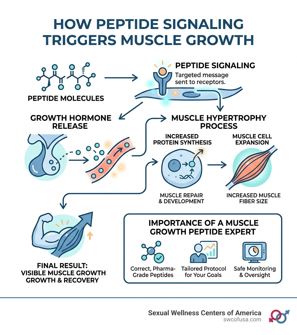 Infographic showing how peptide signaling triggers muscle hypertrophy and growth hormone release - muscle growth peptide Infographic showing how peptide signaling triggers muscle hypertrophy and growth hormone release - muscle growth peptide