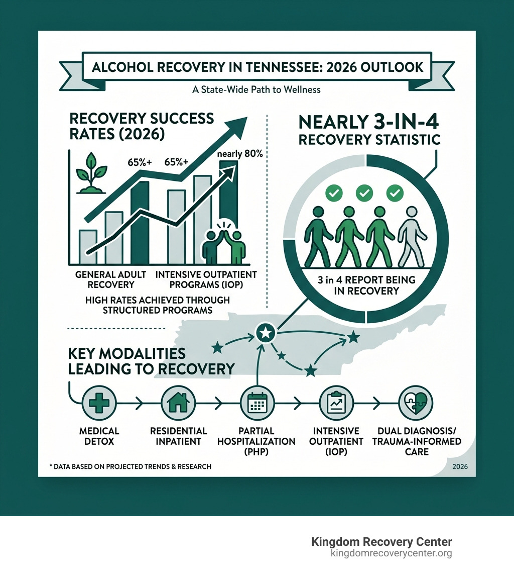 Infographic showing 2026 Tennessee alcohol recovery success rates and the 3-in-4 recovery statistic - alcohol recovery