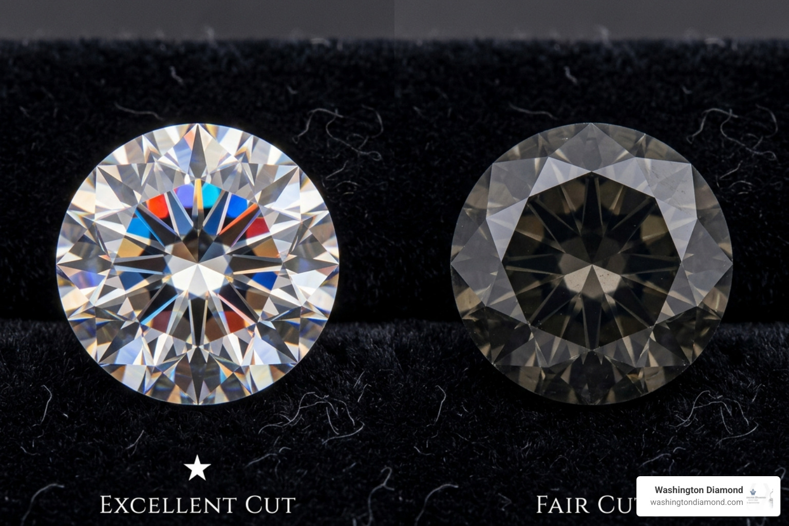Visual difference between an Excellent cut diamond with high brilliance and a Fair cut diamond looking dull and dark
