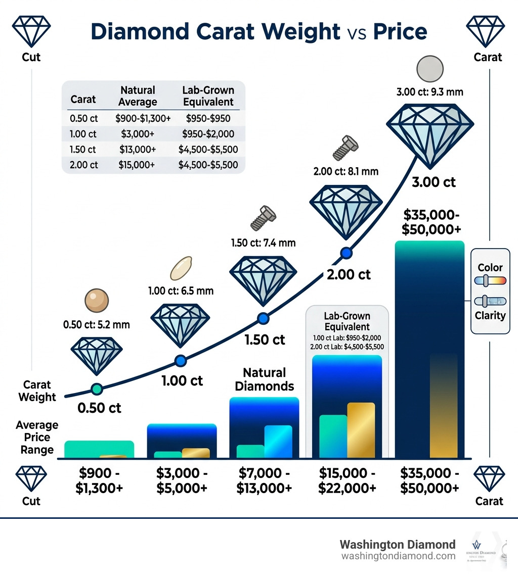 Diamond carat weight vs. price chart infographic showing carat size, mm diameter, and average price ranges - diamond carat