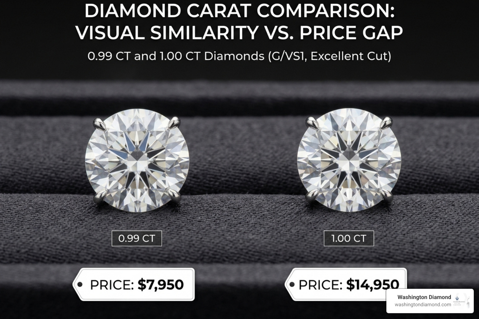 Comparison of a 0.99ct diamond and a 1.00ct diamond showing identical visual size but a massive price gap - diamond carat