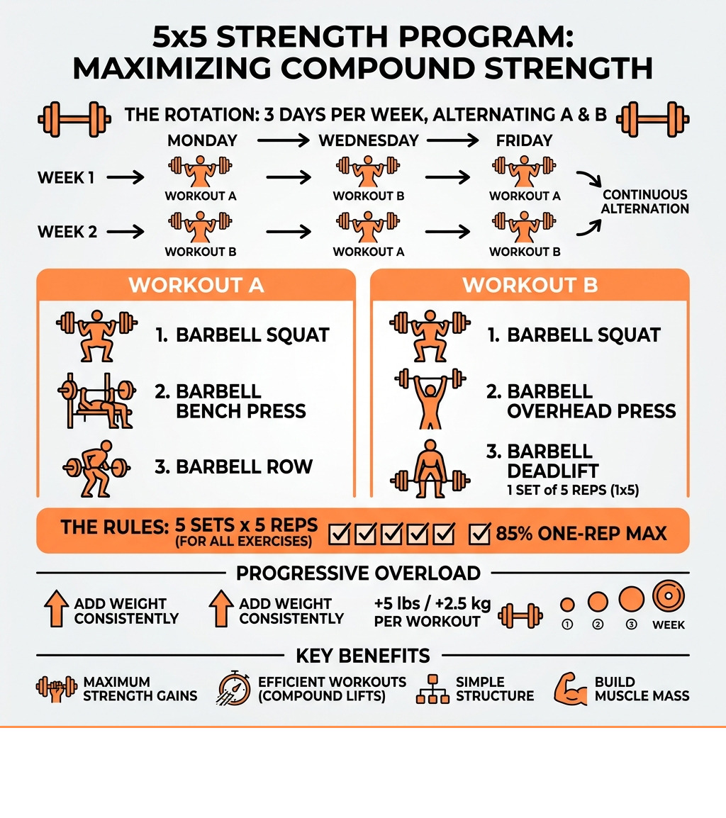 5x5 Workout A and B rotation infographic with exercises, sets, reps, and progression - 5x5 strength workout infographic 