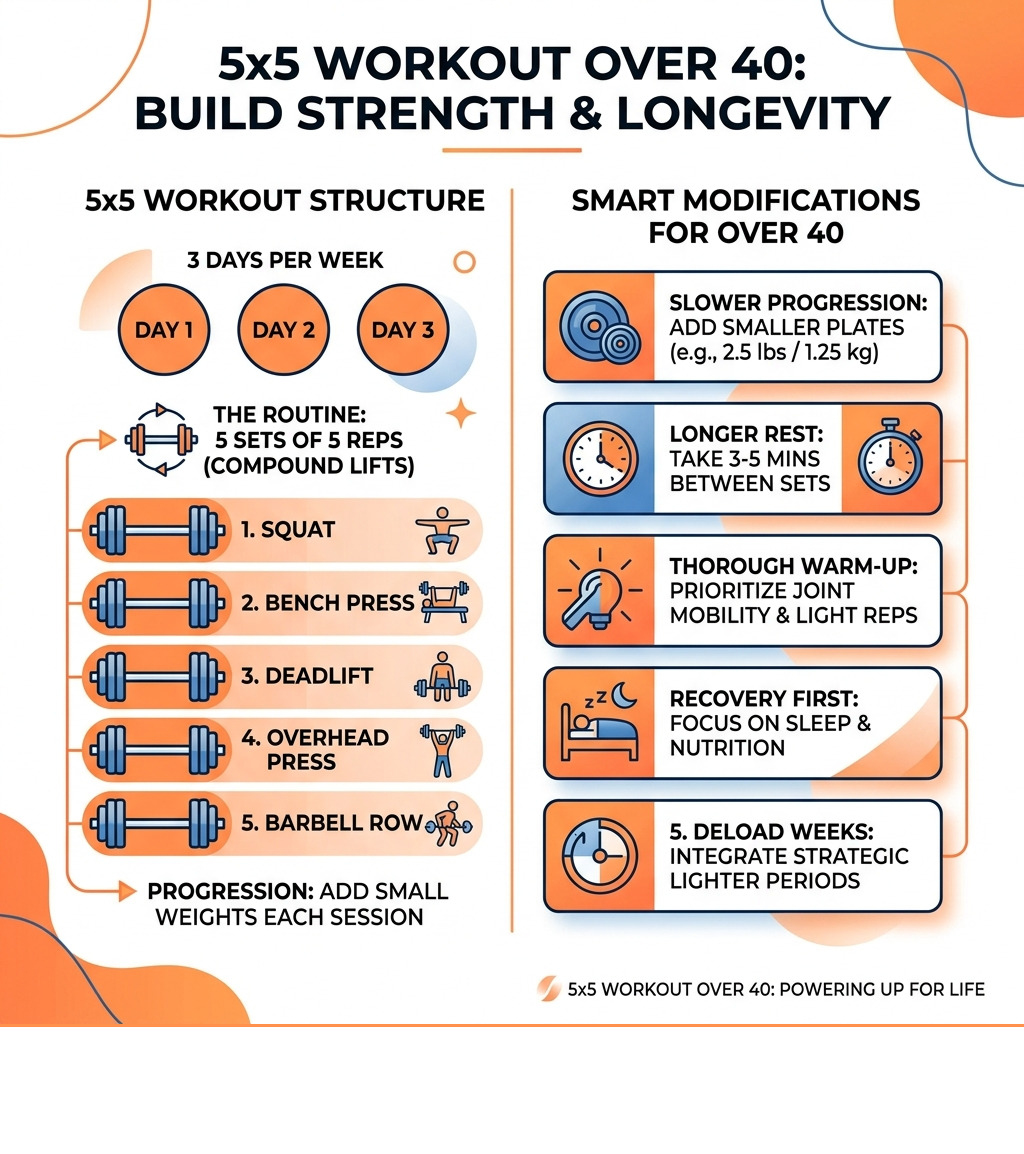 Infographic showing the 5x5 workout structure and key modifications for adults over 40 - 5x5 workout over 40 infographic 