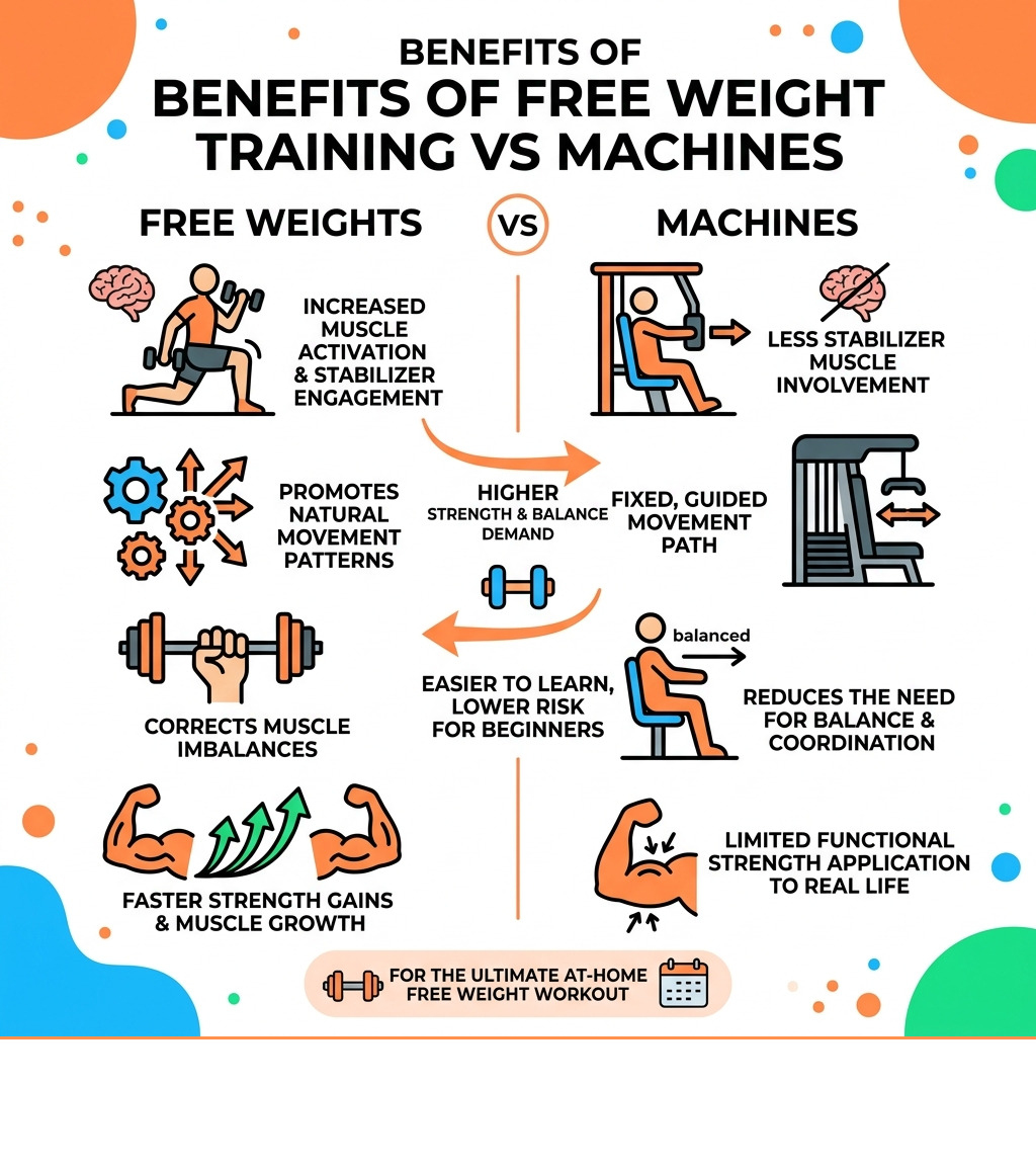 Benefits of free weight training vs machines infographic - at home free weight workout infographic Benefits of free weight training vs machines infographic - at home free weight workout infographic