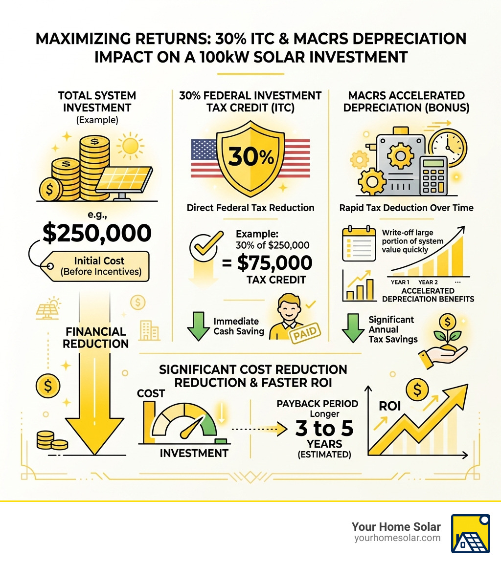Infographic showing the 30% ITC and MACRS depreciation impact on a 100kW solar investment - 100 kw solar power plant cost Infographic showing the 30% ITC and MACRS depreciation impact on a 100kW solar investment - 100 kw solar power plant cost