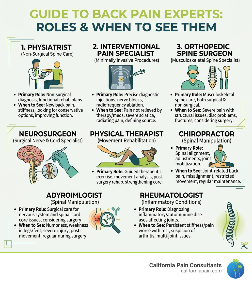 Types of back pain experts, their roles, and when to see each specialist - back pain experts infographic Types of back pain experts, their roles, and when to see each specialist - back pain experts infographic