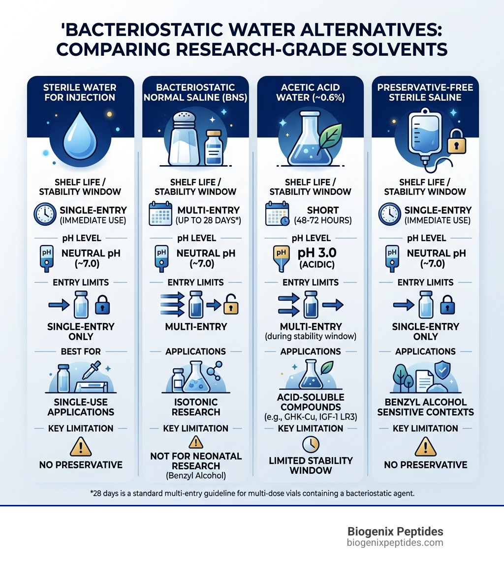 Infographic comparing bacteriostatic water alternatives: sterile water, BNS, acetic acid water, shelf life, pH, and entry