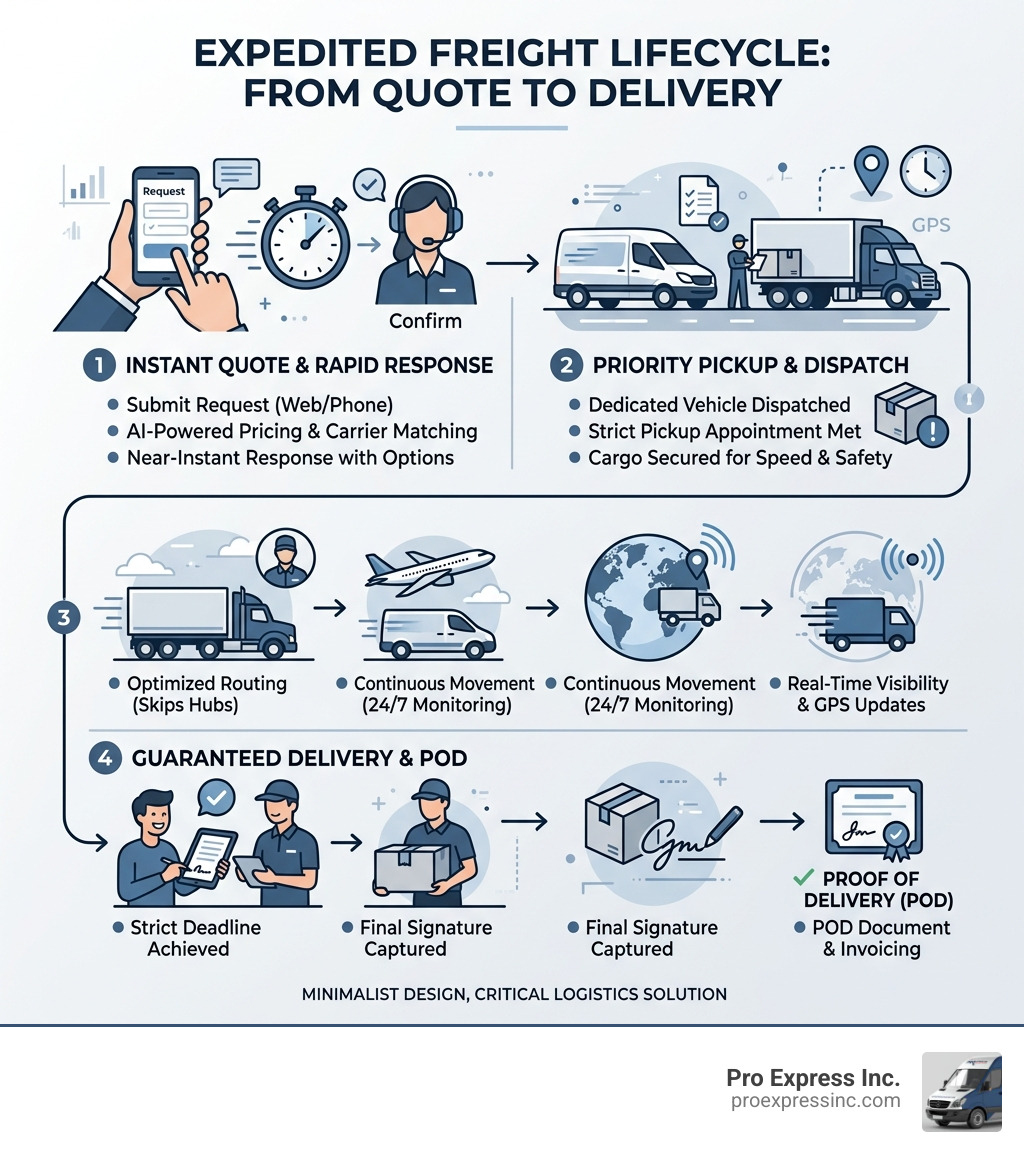 Expedited freight lifecycle infographic from quote to delivery showing response, pickup, transit, and proof of delivery