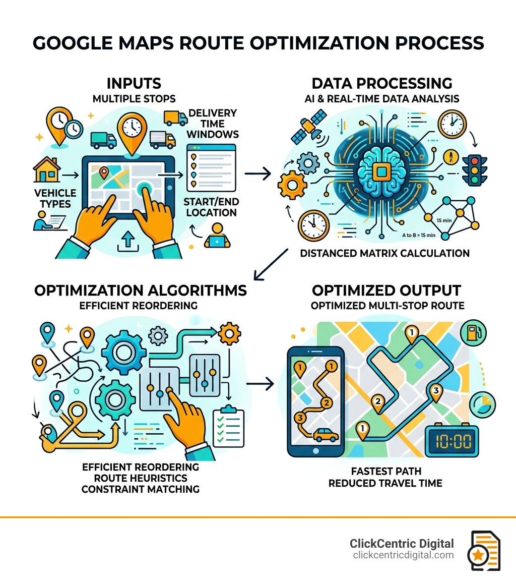 infographic showing the Google Maps route optimization process from input to optimized route output - google map optimizer infographic showing the Google Maps route optimization process from input to optimized route output - google map optimizer