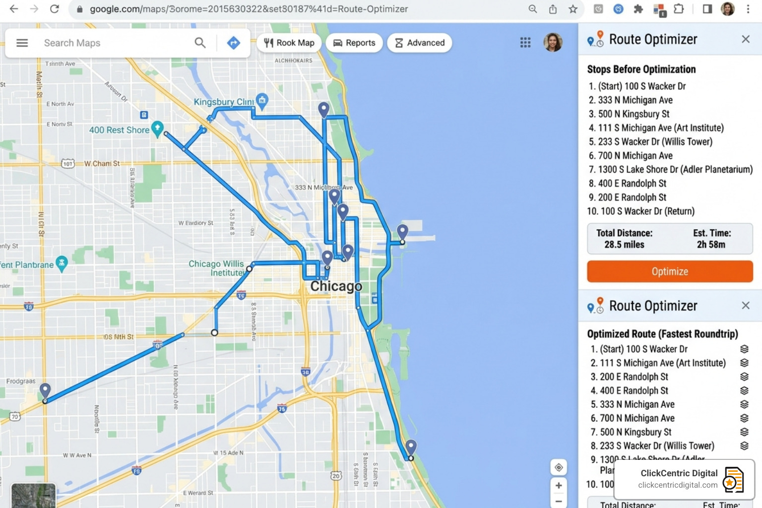 interface of a route optimizer Chrome extension showing a reordered stop list - google map optimizer interface of a route optimizer Chrome extension showing a reordered stop list - google map optimizer