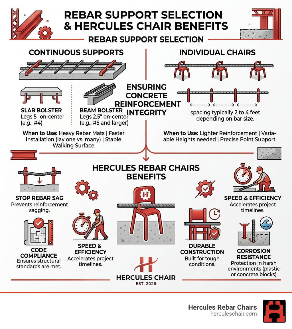Infographic summary of rebar support selection and Hercules Rebar Chairs benefits - reinforcing bar supports infographic 