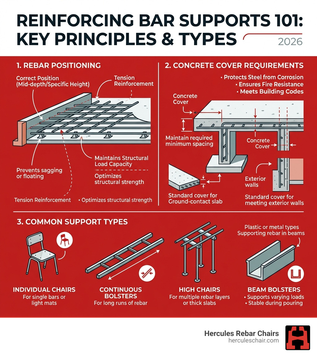 Infographic showing rebar positioning, concrete cover requirements, and common support types - reinforcing bar supports