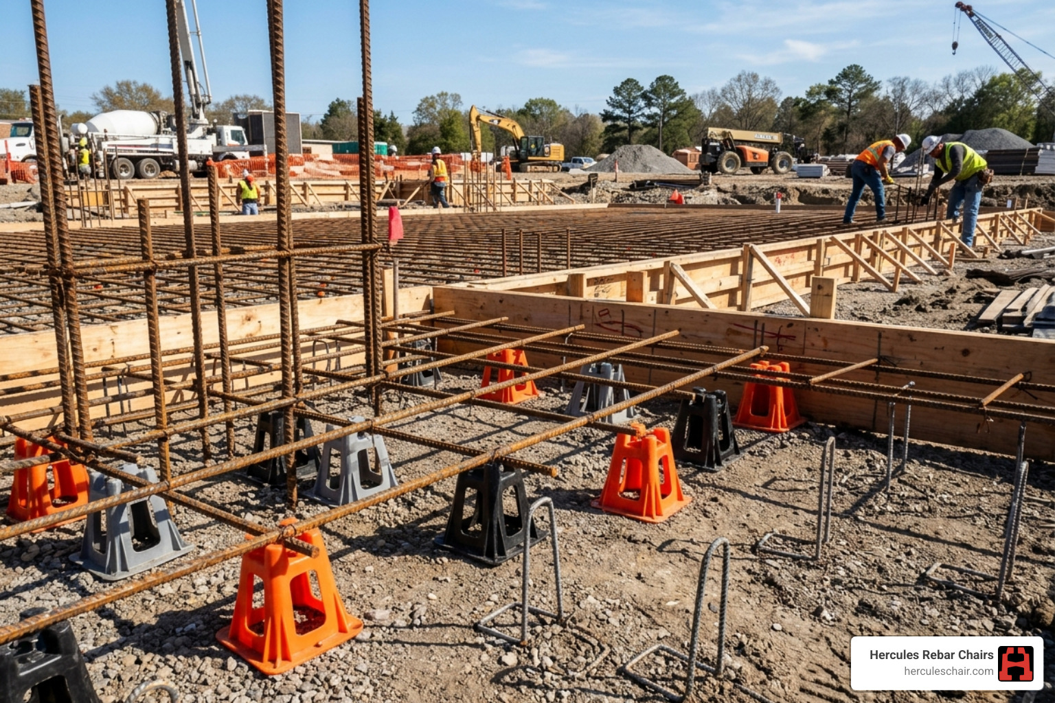 plastic and metal rebar chairs on a construction job site - reinforcing bar supports