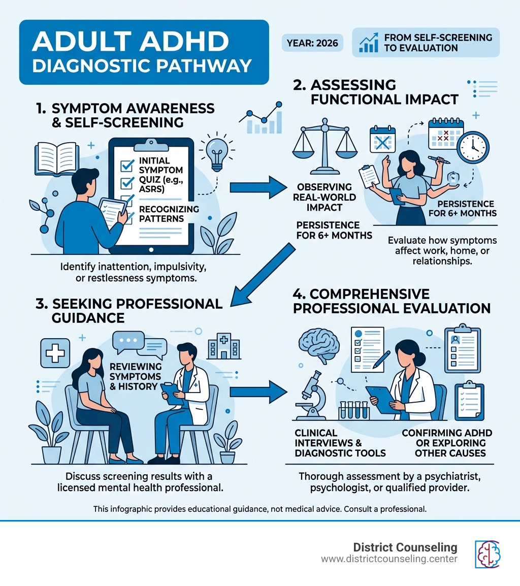 2026 adult ADHD diagnostic pathway from self-screening to professional evaluation - adult adhd symptoms test infographic 