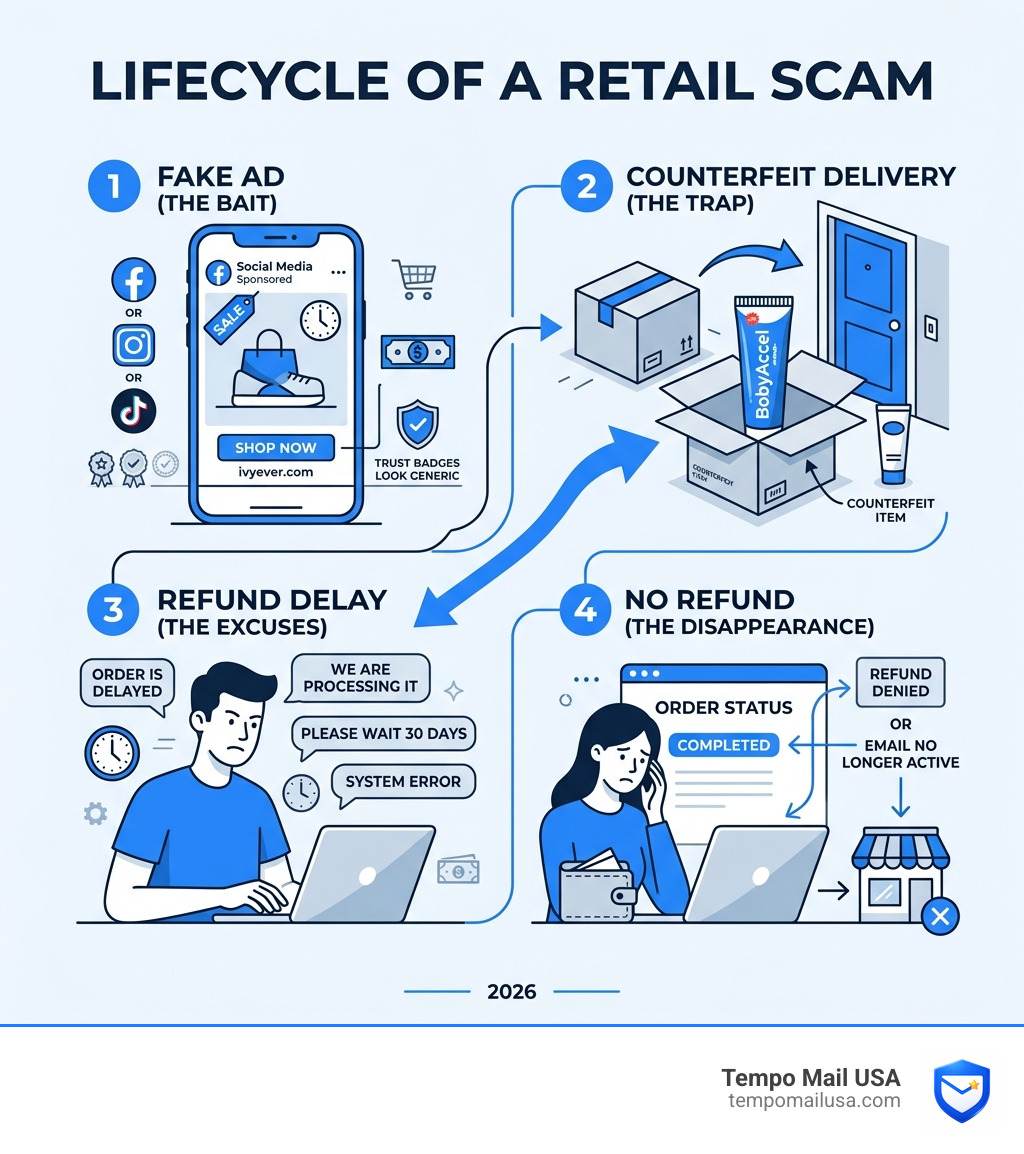 Lifecycle of a retail scam from fake ad to counterfeit delivery to no refund - ivyever scam infographic 