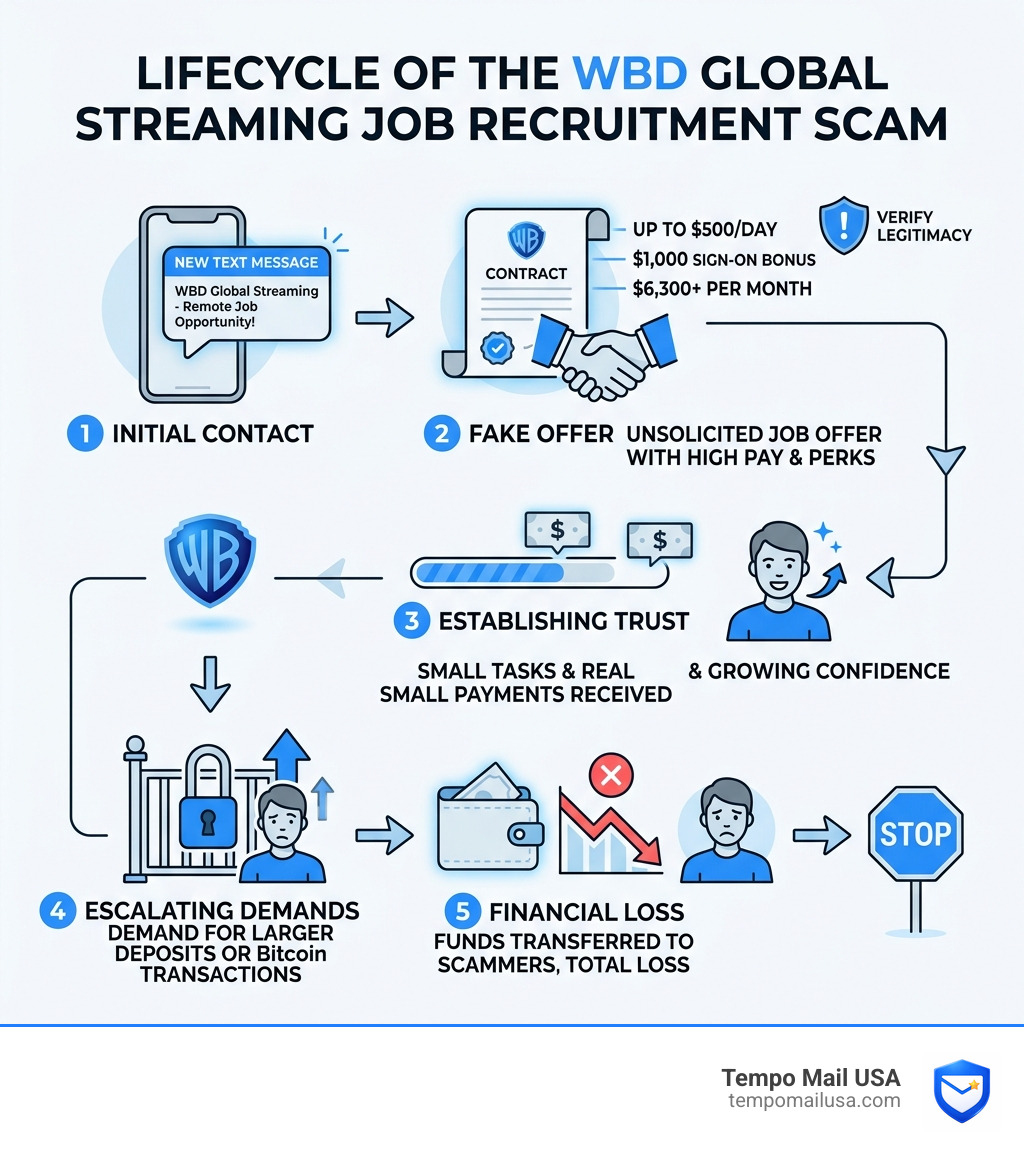 Lifecycle of a WBD Global Streaming job recruitment scam from first text to financial loss - wbd global streaming scam text Lifecycle of a WBD Global Streaming job recruitment scam from first text to financial loss - wbd global streaming scam text