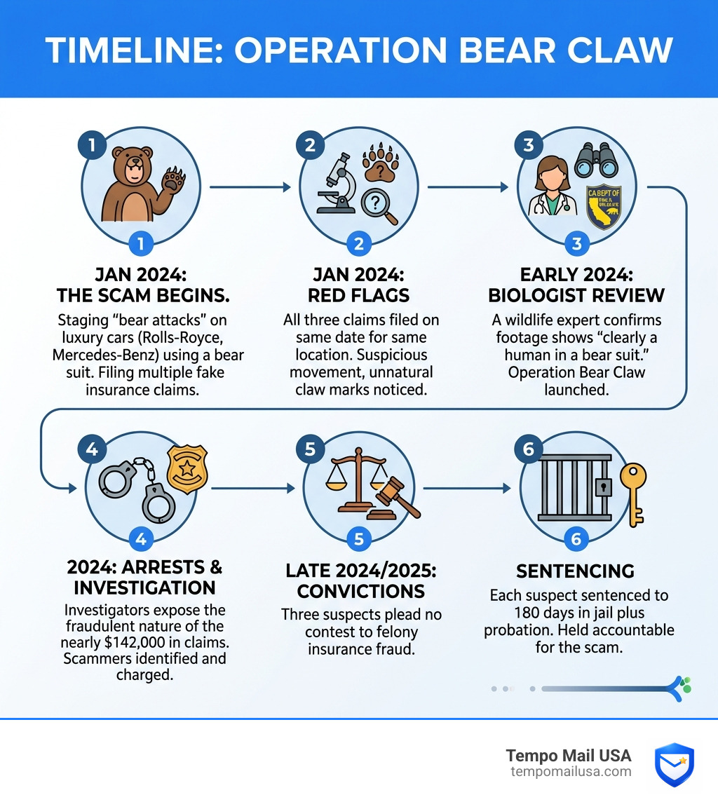 Timeline infographic of Operation Bear Claw bear suit luxury car scam from staging to sentencing - bear suit luxury car scam