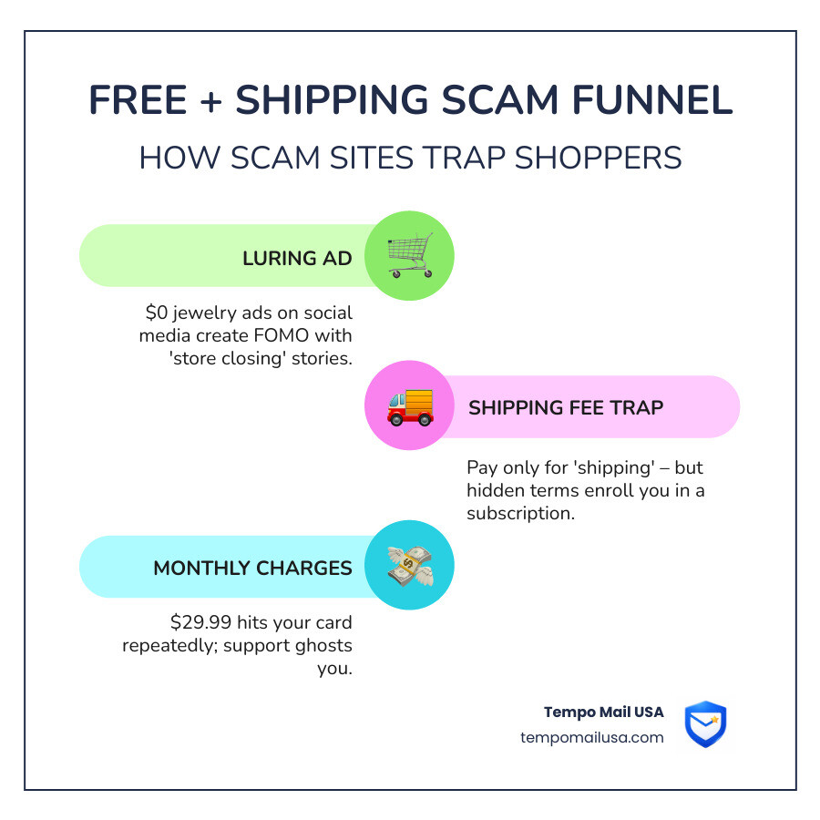 Infographic showing the Free Plus Shipping scam funnel: ad → $0 product → shipping fee → hidden subscription enrollment - is Infographic showing the Free Plus Shipping scam funnel: ad → $0 product → shipping fee → hidden subscription enrollment - is