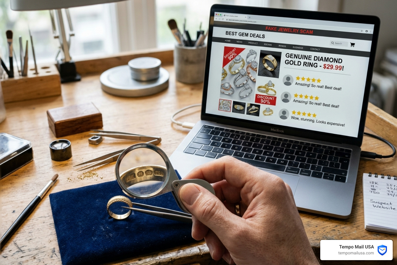 A magnifying glass inspecting a ring for a hallmark next to a laptop screen showing a fake website - is john and mary A magnifying glass inspecting a ring for a hallmark next to a laptop screen showing a fake website - is john and mary