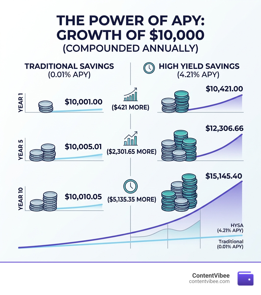 Infographic comparing 0.01% vs 4.21% APY growth on $10,000 over 1, 5, and 10 years with HYSA vs traditional savings - High