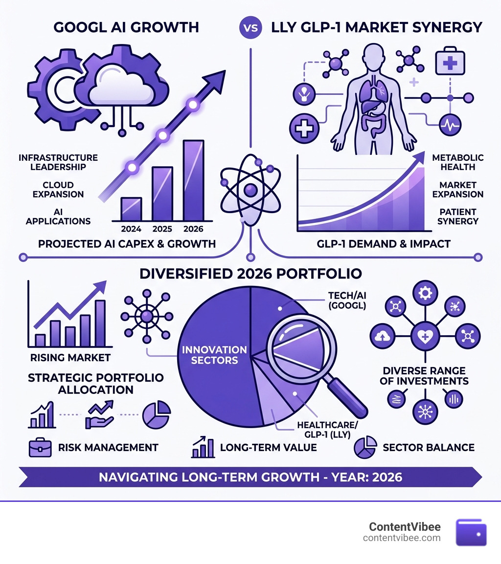 Infographic showing GOOGL AI growth vs LLY GLP-1 market synergy in a diversified 2026 portfolio - GOOGL LLY Long Term