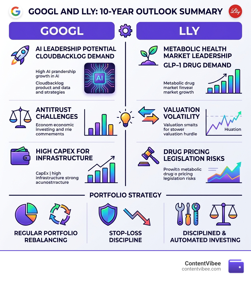 Infographic summary of GOOGL and LLY 10-year outlook - GOOGL LLY Long Term Investment Risk and Portfolio Allocation Strategy