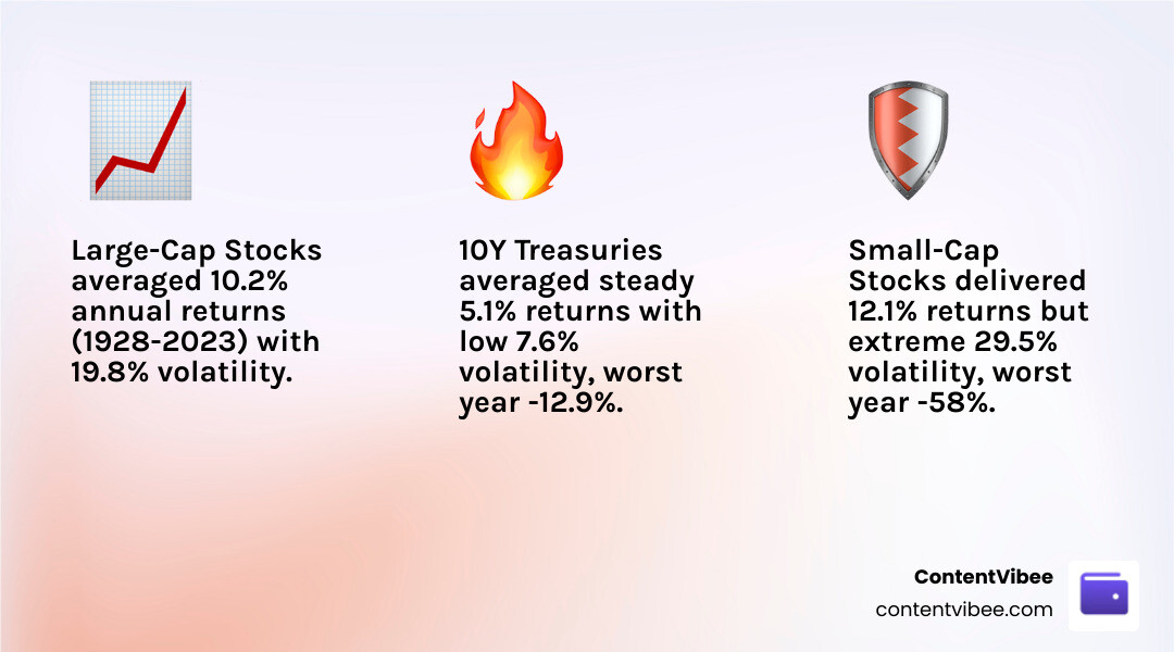 Table comparing historical returns and volatility of stocks vs bonds 1928-2023 - Investment Asset Classes Allocation Table comparing historical returns and volatility of stocks vs bonds 1928-2023 - Investment Asset Classes Allocation