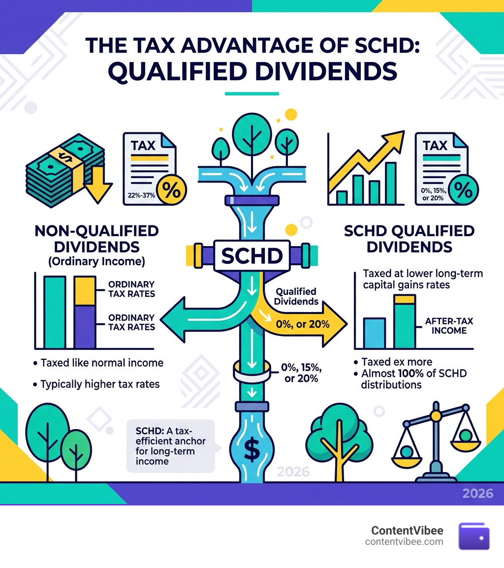 Infographic showing the tax advantages of qualified dividends in SCHD - SCHD Dividend ETF Yield Analysis and Long Term