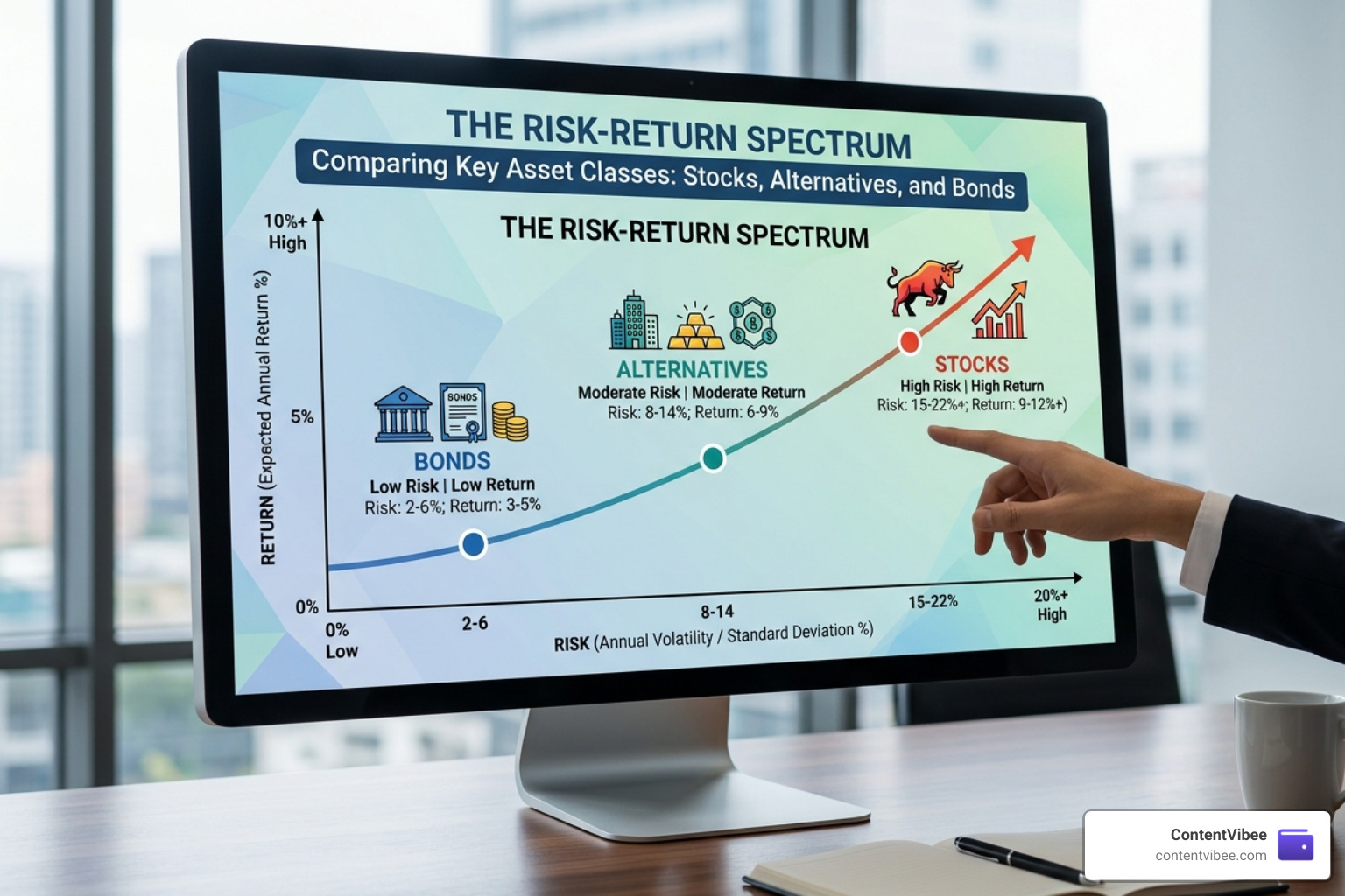 Comparison of stocks, bonds, and alternative assets showing risk-return spectrum - Investment Asset Classes Allocation Comparison of stocks, bonds, and alternative assets showing risk-return spectrum - Investment Asset Classes Allocation