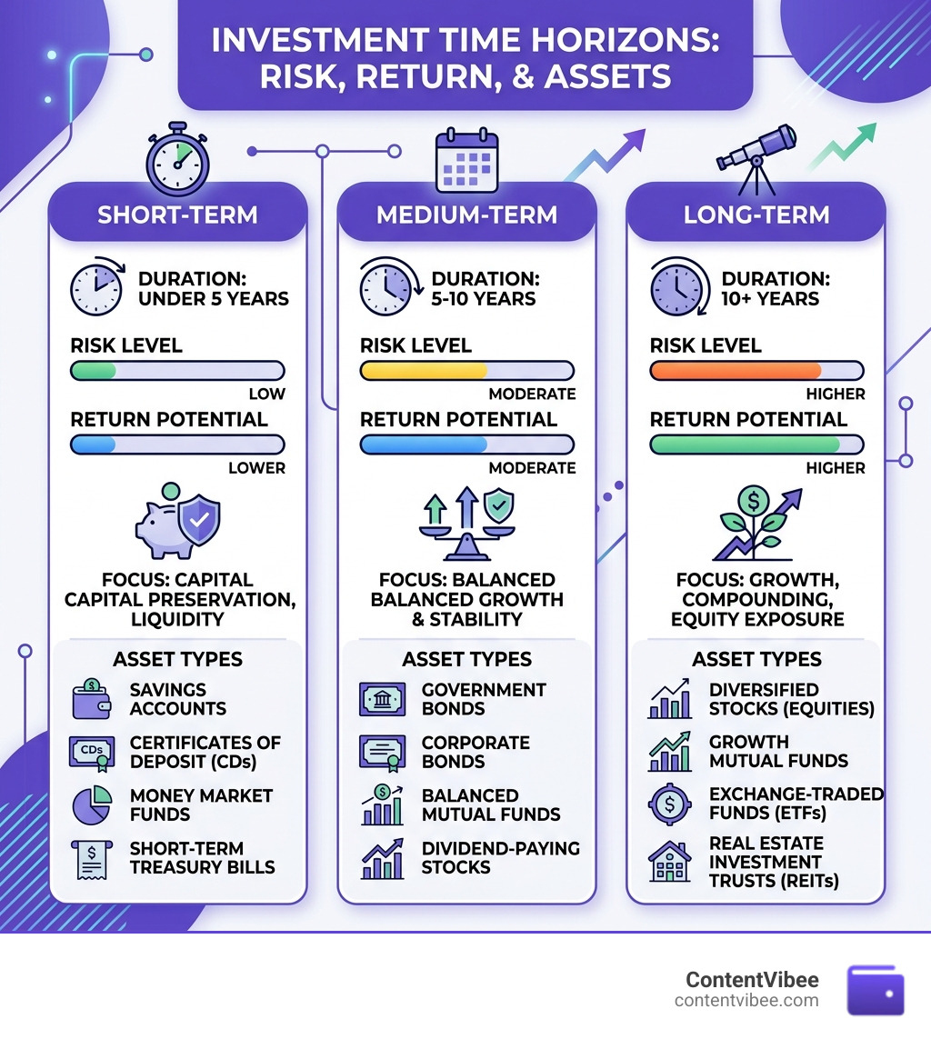 Infographic showing short medium and long-term investment time horizons with risk return and asset type for each