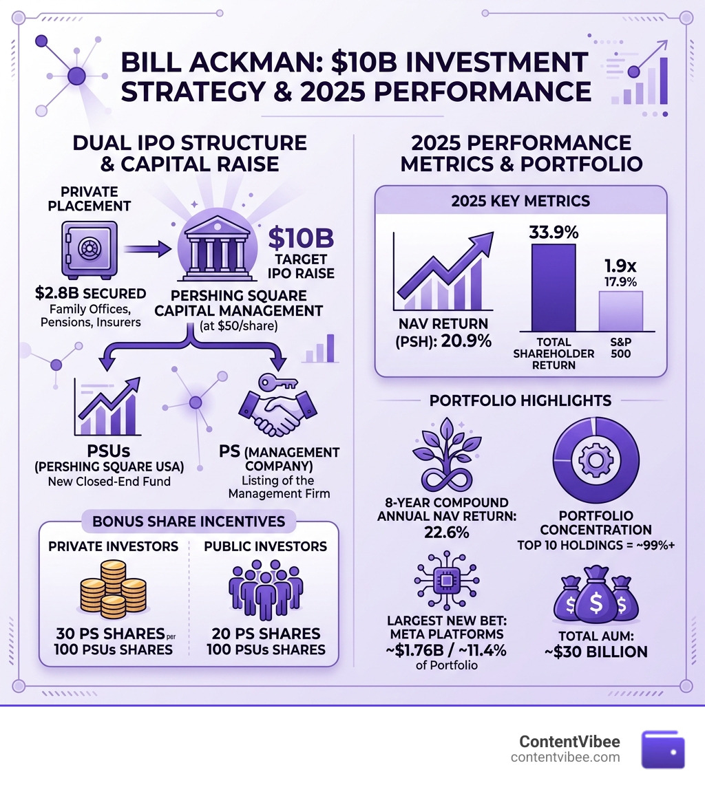 Infographic showing Bill Ackman's $10B dual IPO structure, bonus share incentives, and 2025 performance metrics - Bill