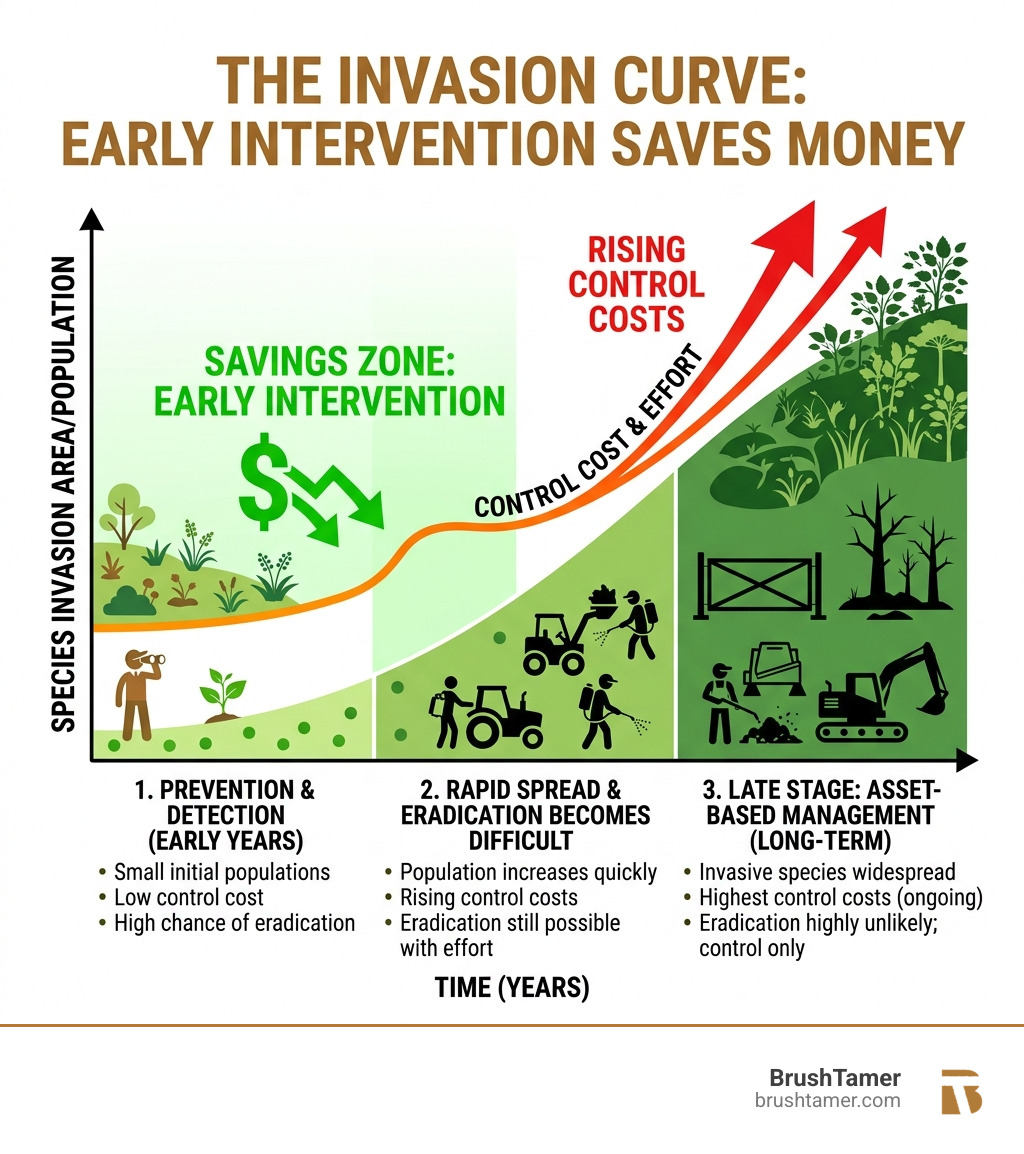 Invasion curve infographic showing rising control costs over time versus early intervention savings - invasive species