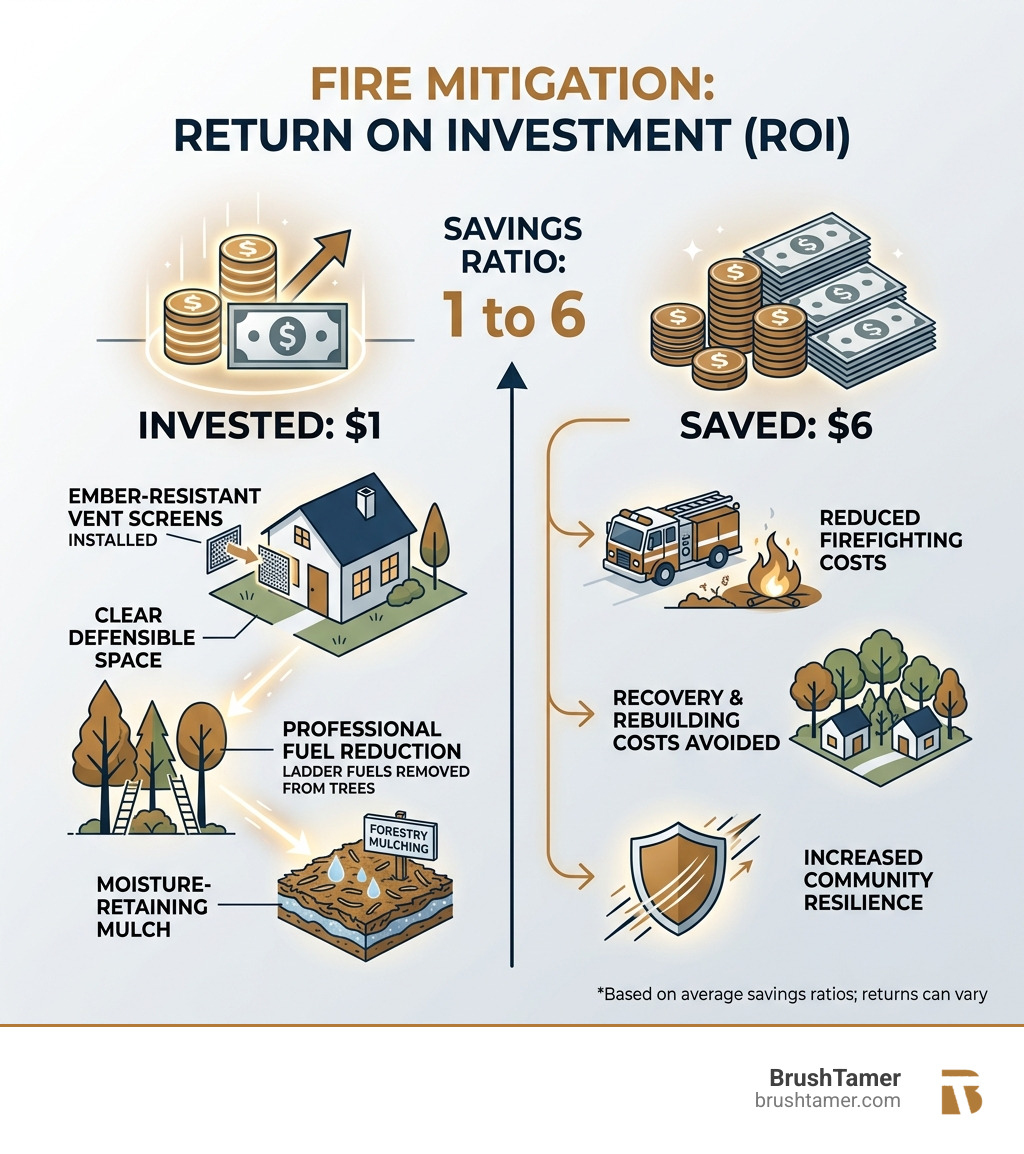 Infographic showing the $1 to $6 savings ratio for fire mitigation investments - fire mitigation infographic 