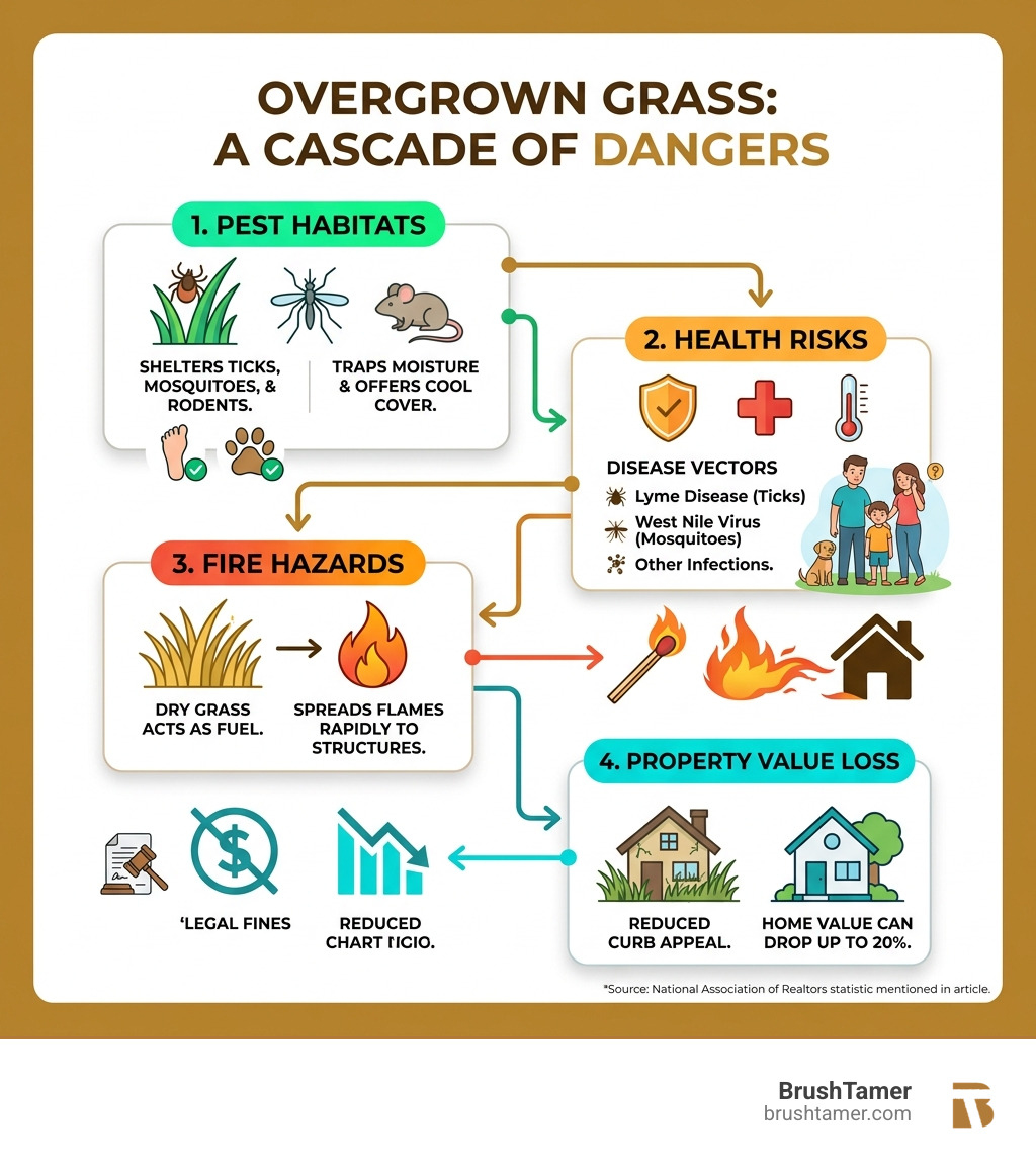 Infographic showing cascading dangers of overgrown grass from pests to fire to property value loss - dangers of overgrown