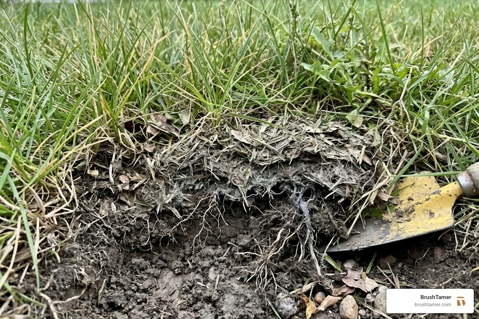 Thick thatch layer under tall grass suffocating the roots - dangers of overgrown grass