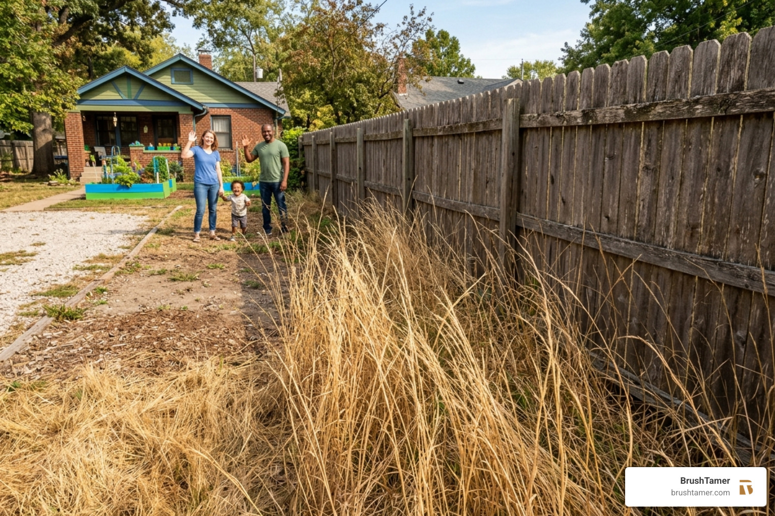 Dry tall grass near a wooden fence posing a fire risk - dangers of overgrown grass