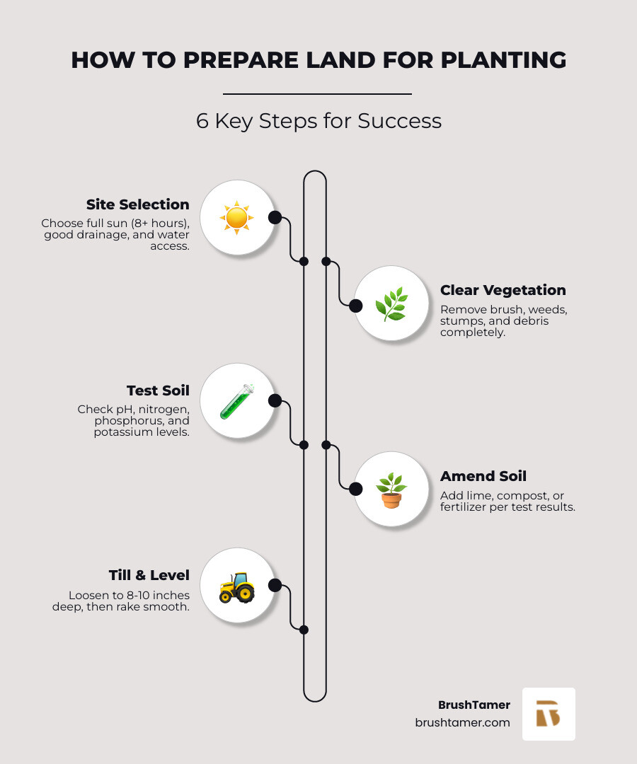 6-step professional land preparation workflow infographic - how to prepare land for planting infographic