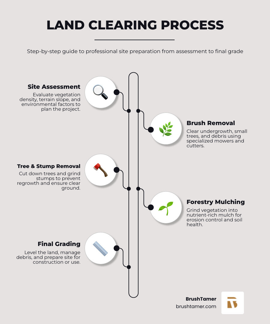 Step-by-step land clearing process infographic from site assessment to final grade for Elkhart IN properties - land clearing