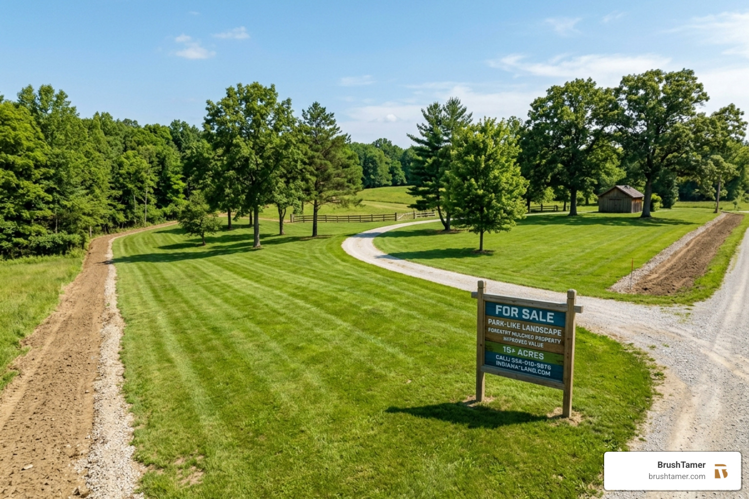 park-like property in Northern Indiana after forestry mulching showing property value and fire breaks - land clearing