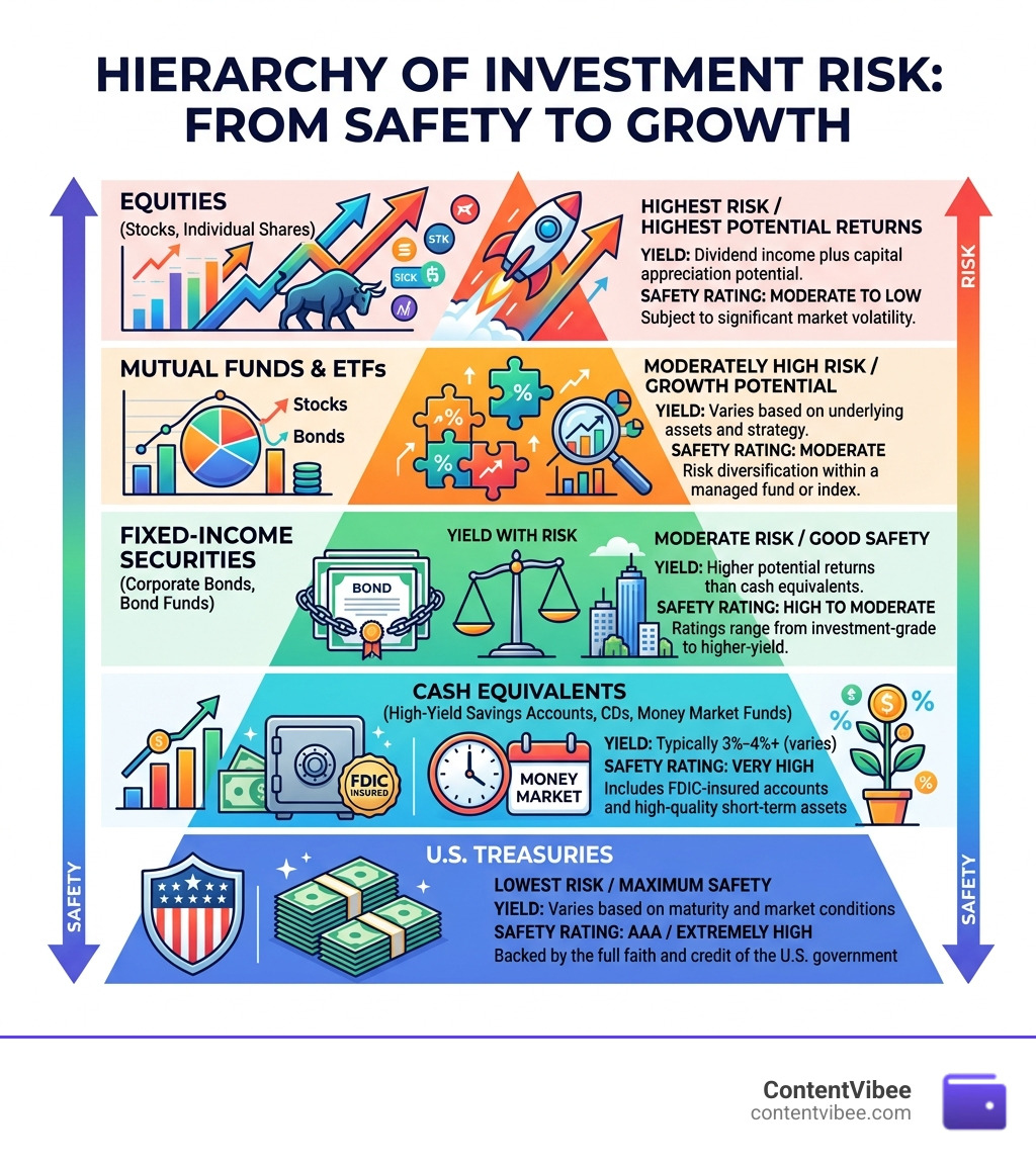 Hierarchy of investment risk from U.S. Treasuries to equities with yield and safety ratings - what is the safest investment