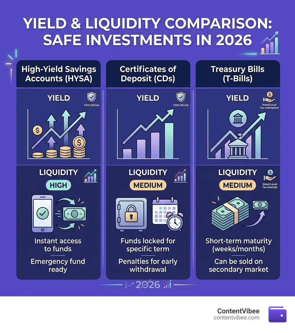 Comparison of HYSA, CDs, and Treasury Bills on yield and liquidity - what is the safest investment infographic 