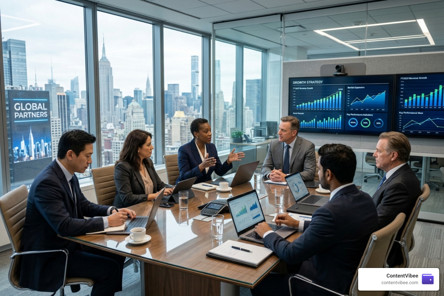 Corporate leadership team in a high-tech conference room discussing strategic growth plans - wells fargo investment banking