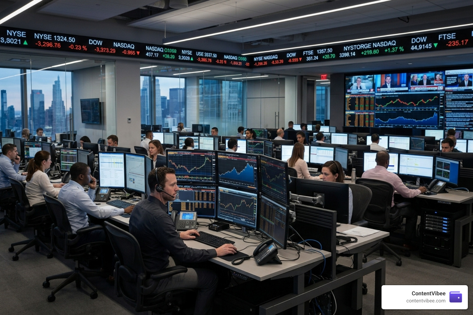 Digital trading floor with multiple monitors showing real-time market data and financial charts - wells fargo investment