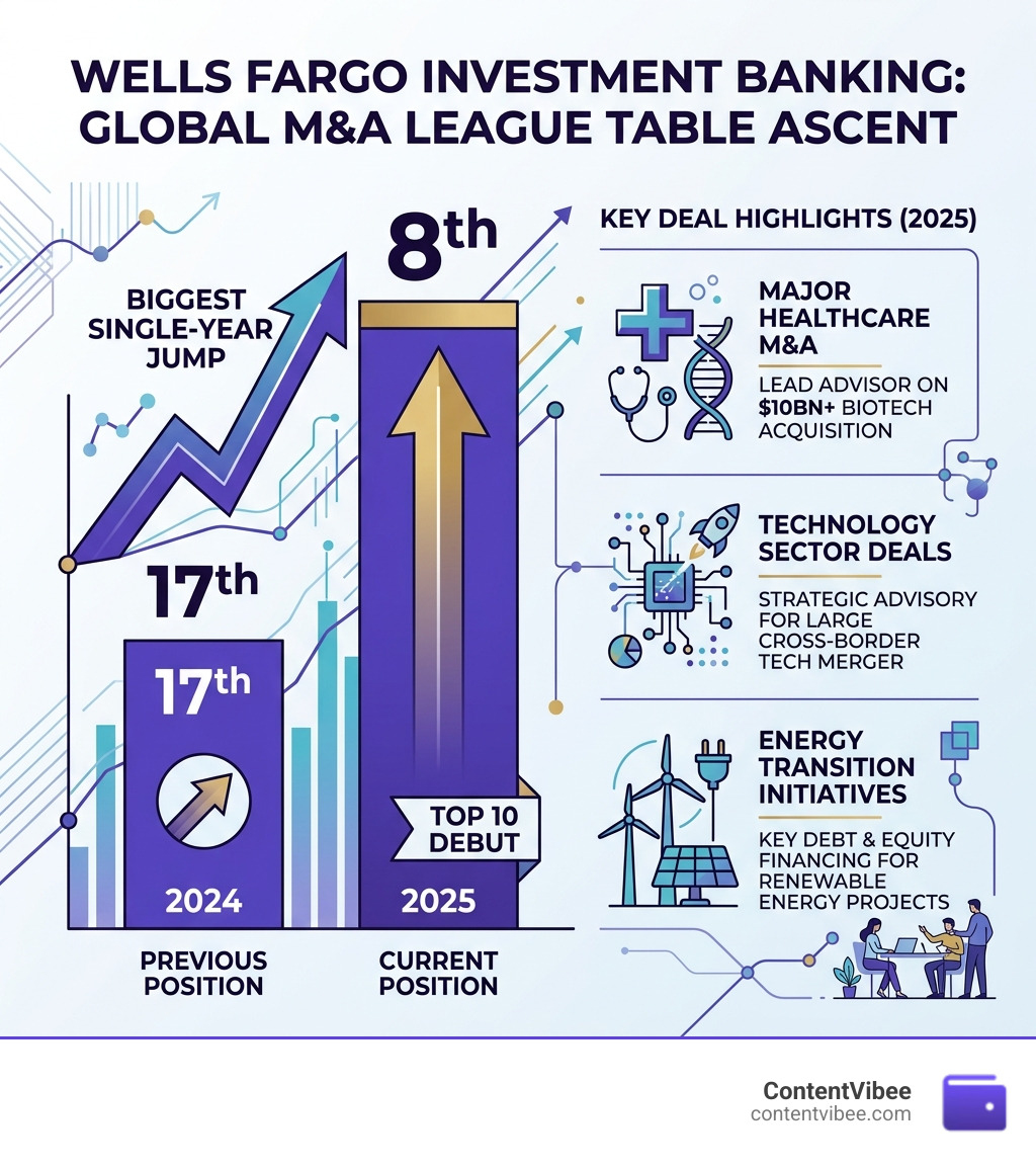 Infographic showing Wells Fargo M&A league table rise from 17th in 2024 to 8th in 2025 with key deal highlights - wells