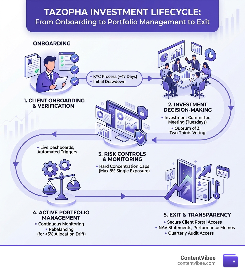 Tazopha investment lifecycle from onboarding to portfolio management to exit - how tazopha investment group work infographic 