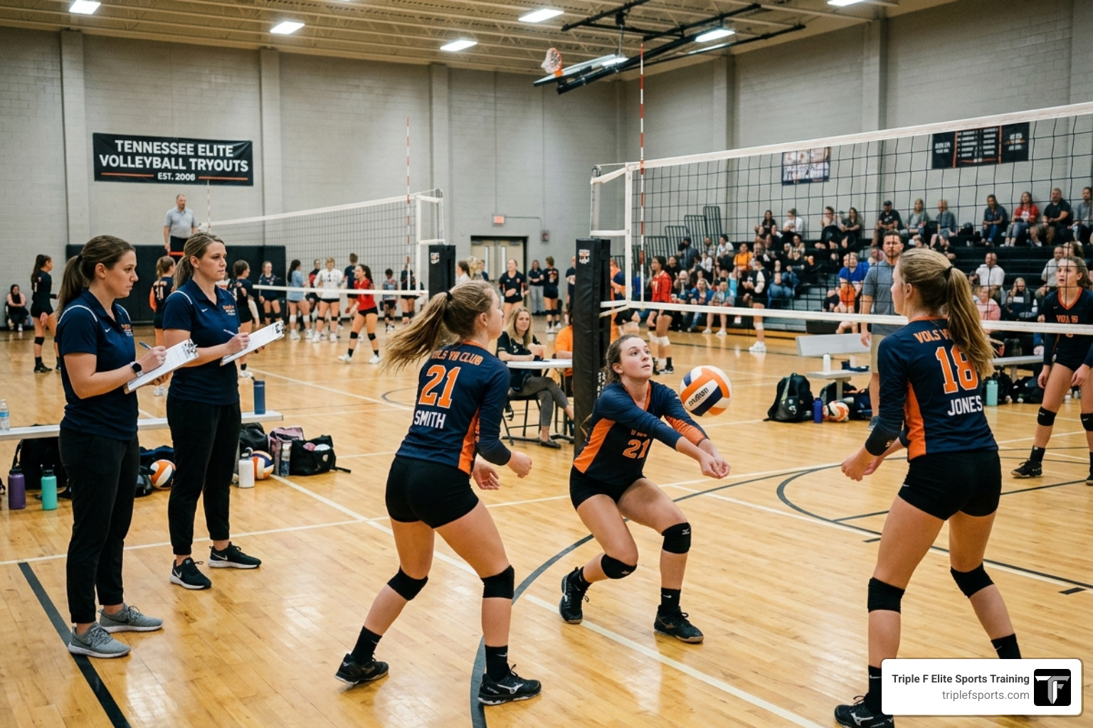 Athletes participating in volleyball evaluations and drills at a Tennessee club tryout - Tennessee girls volleyball clubs Athletes participating in volleyball evaluations and drills at a Tennessee club tryout - Tennessee girls volleyball clubs