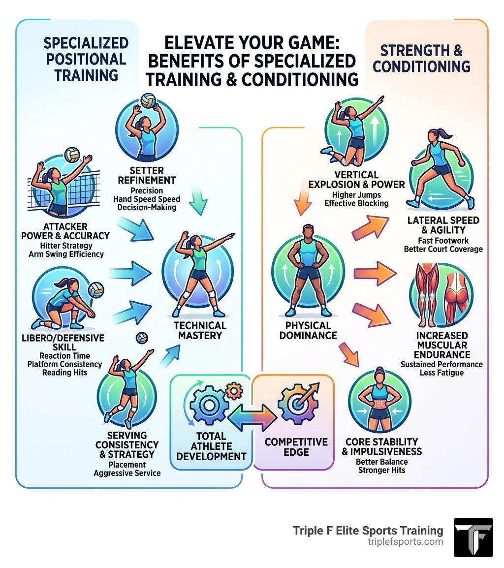Infographic showing the benefits of specialized positional training and strength conditioning for volleyball players Infographic showing the benefits of specialized positional training and strength conditioning for volleyball players